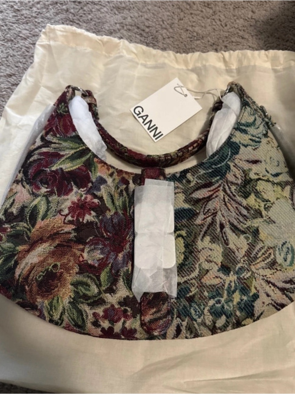 Ganni Multicolor Floral Tapestry Shoulder Bag in Burgundy, Green and Blue